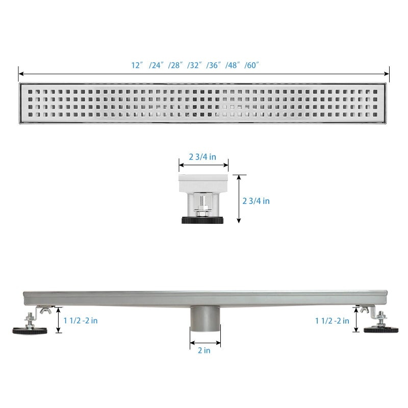 SaniteModar Linear Shower Drain, Shower Drain 36 inch with Removable Square Hole Panel, AISI Brushed 304 Stainless Steel Shower Floor Linear Drain with Adjustable Feet and Hair Strainer - Image 3